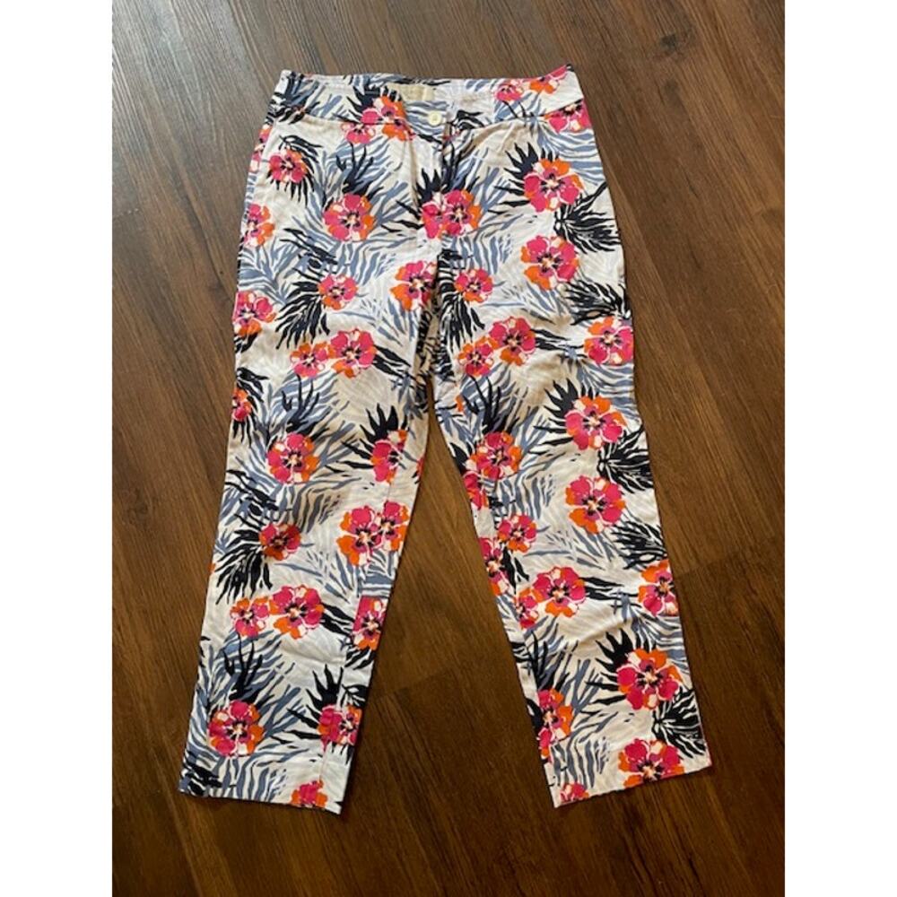 Talbots Size 4 Women's Cotton Chino Ankle Pants Blue and‎ Pink Hawaiian Floral
